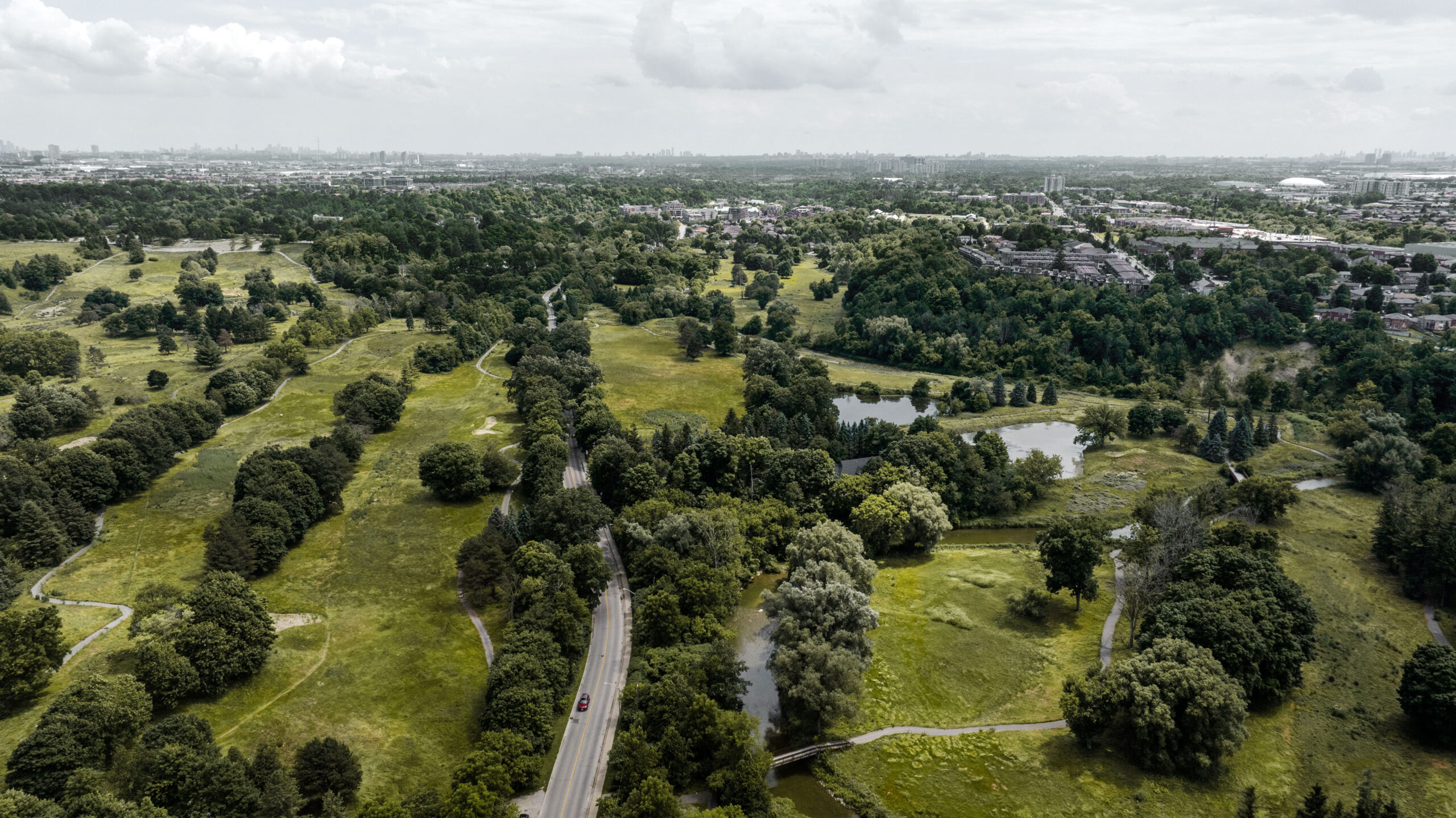 Aerial drone view of Woodbridge neighbourhood surrounding The Valley — proximity to Vaughan VMC subway